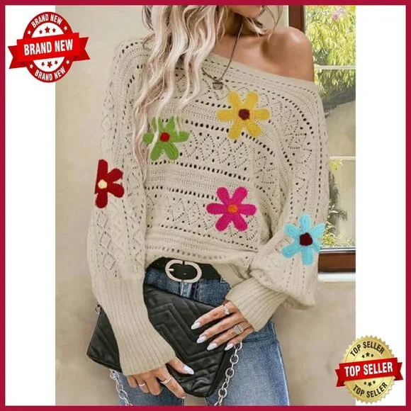 Oversized Off Shoulder Knit Sweater Batwing Sleeve Crochet Pullover - Picture 7 of 8